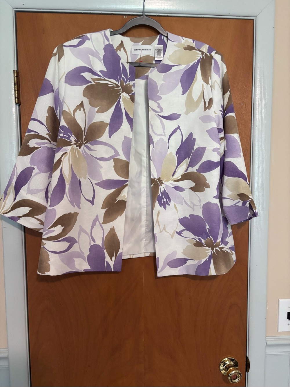Alfred Dunner Floral Open-Front Jacket in Cream, Lavender & Brown